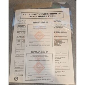 Baltimore Orioles Ticket Order Form Cal Ripken Junior Orioles Vintage Ephemera